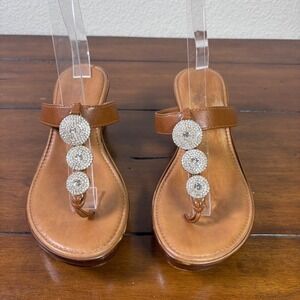 Toscanella Wedge Sandals Womens 8 Brn Leather Crystal Embellished Made in Italy